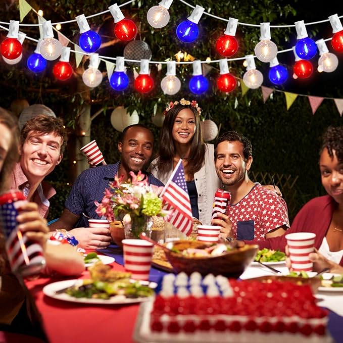 50Ft LED G40 Red White and Blue Lights Outdoor 4th of July Lights with 50+3 Shatterproof Bulbs for Patriotic Decor in Yard Garden Patio - Light up Memorial Day 4th of July Decorations Outdoor, 0.6W