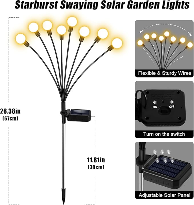 Solar Firefly Lights 16 LED Swaying Outdoor Waterproof Decorative Lights for Yard Patio Pathway Lawn Decorations (2 Pack, 8 Heads)