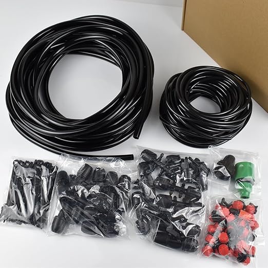 Adjustable Drip Irrigation System for Garden,Lawn Patio, Raised Beds - Automatic Irrigation Kits and Drip Emitters with 1/2" and 1/4" Irrigation Tubing (49FT + 49FT)