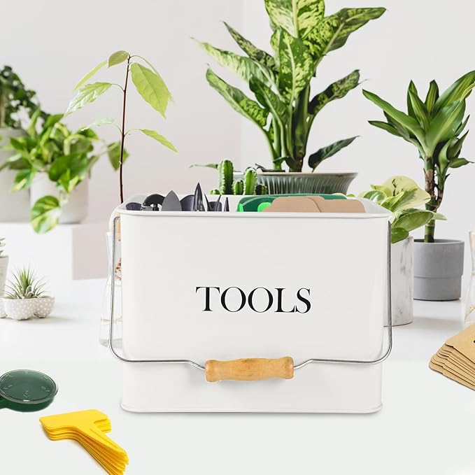 Metal Garden Tool Caddy, 3 Compartments Garden Tool Organizer with Handle, Garden Tool Box for Indoor and Outdoor, Gardening Tool Kit Holder Empty, Gardening Supplies, Gardener Gift (White)