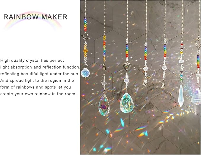 Suncatcher Crystal Prisms Hang Pendants Garden Window Sun Catcher Rainbow Chandelier Beads Chain Ornament, Pack of 7