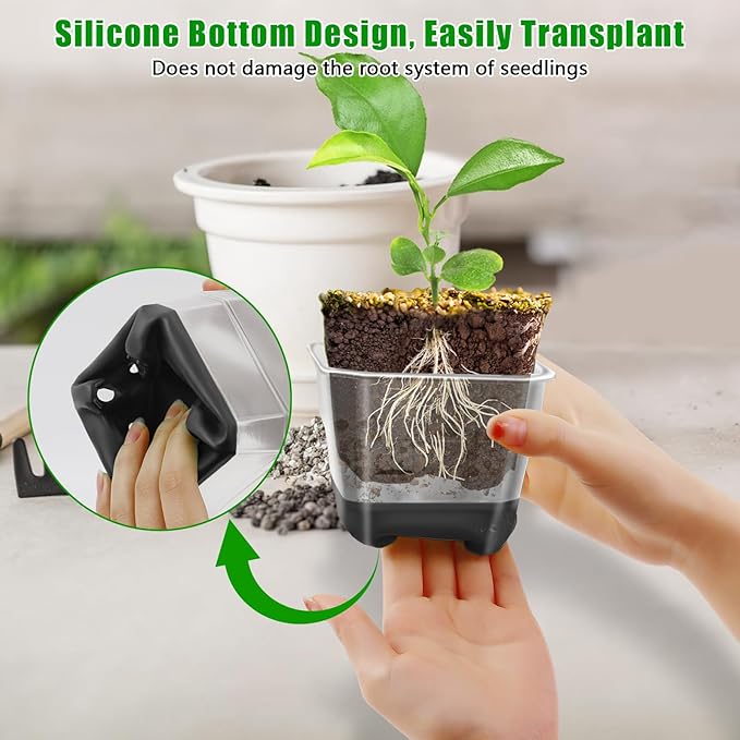 30 Packs 4 Inch Reinforced Clear Nursery Pots for Plants, Plastic Plant Pots with Silicone Base for Easy Transplant, Reusable Seedling Planting Pots Seed Starter with Drainage Holes (30, Black)