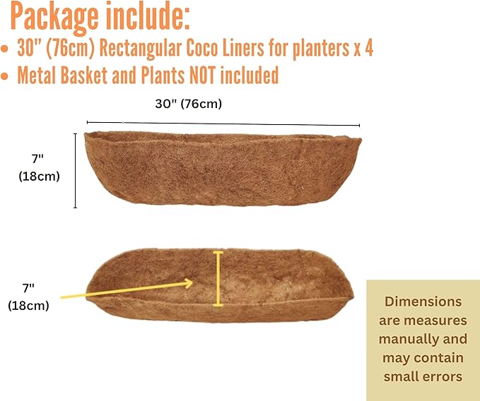 Maxona 30 inch 4 Pack Trough Rectangular Coco Liner for Window Box Planter: Thick Coconut Coir to Support The Soil Replacement for Wall Hanging Basket, Rectangle Pre-Formed Fiber Husk, Garden Fence