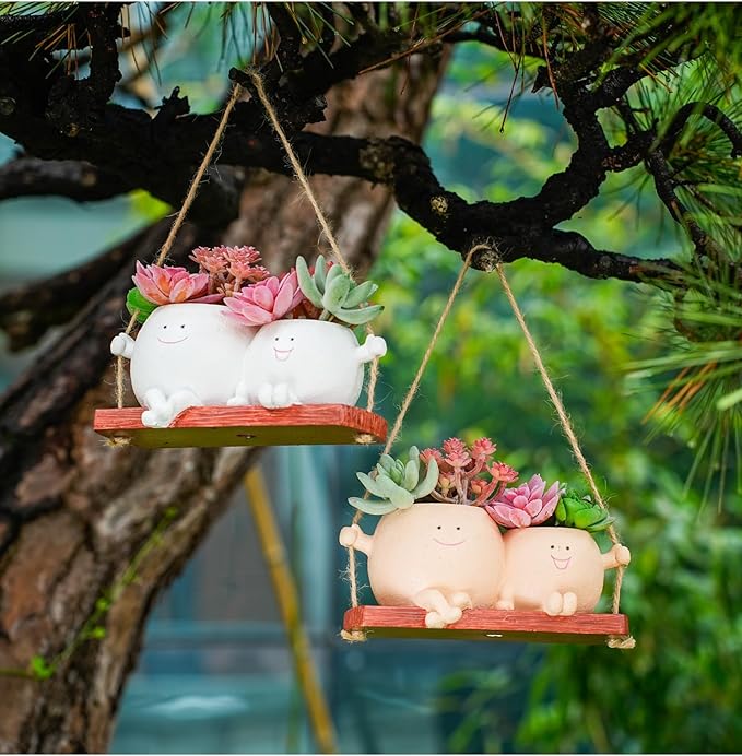 Cute Swing Planter Hanging,Smiley Face Couple Planter Pot,Hanging Plant Face Pot for Indoor Outdoor Plants, (White)