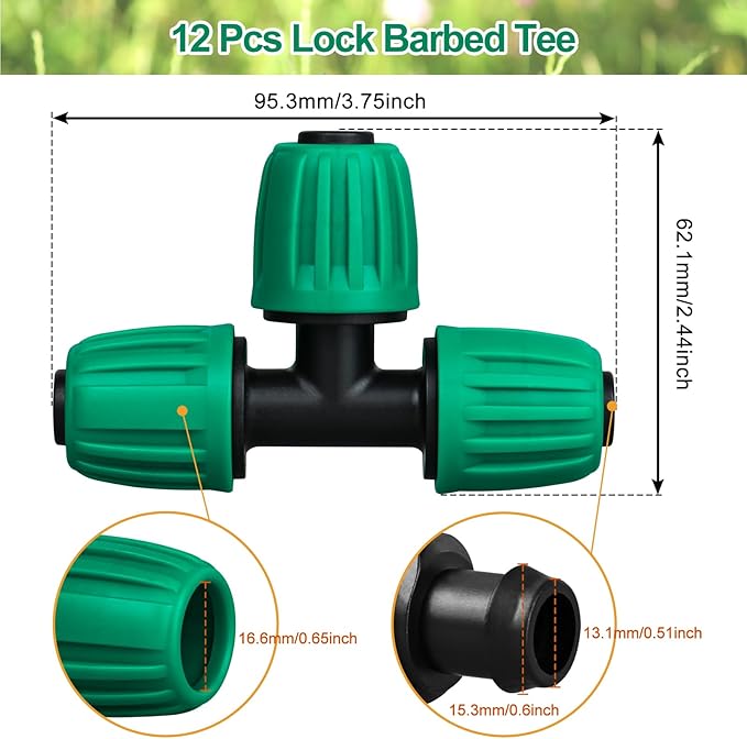 JAYEE 1/2 Inch Drip Irrigation Fittings, 12 Pcs Lock Barbed Tee for 1/2 in Vinyl Tubing, Drip Line Parts 3-Way Tees Irrigation Connectors for Drip Sprinkler Garden Lawn Watering Systems, Green