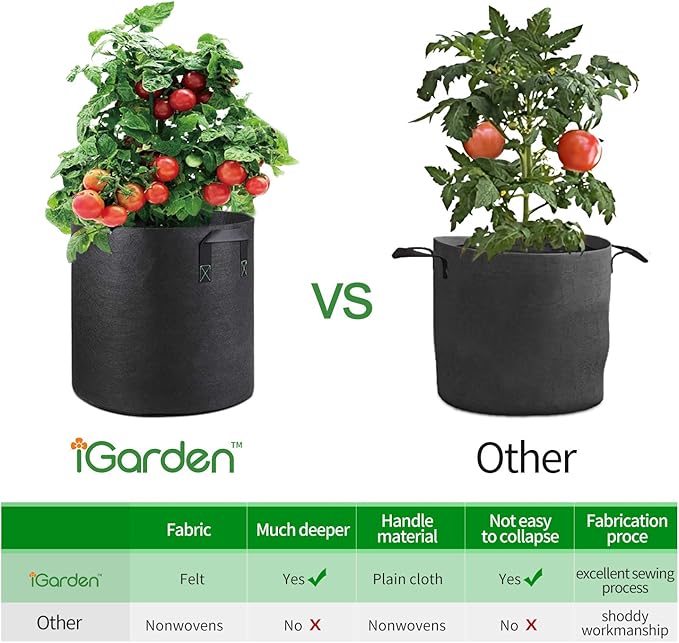 Grow Bags Tall, 10 Gallon Grow Pots 6 Pack with Handles, Heavy Duty 320G Thickened Nonwoven Fabric Plant Bag for Vegetables, Black