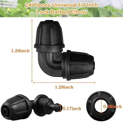 Upgraded 1/4" Drip Irrigation Elbow Fittings：24 Pieces Leak Free Lock Barbed 90 Degree Elbow Connectors for1/4 Inch Irrigation Tubing Quick Connect Parts for Garden Landscape System