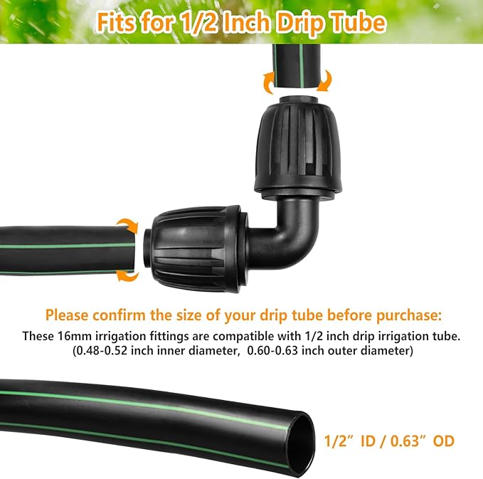 Drip Irrigation Fittings for 1/2 inch Tubing (0.60"-0.63" OD), 12 Pieces Barbed Elbow Drip Parts Locked Elbow Connectors, Drip Line Nuts Connectors for 1/2" Drip Irrigation Hose(Black)