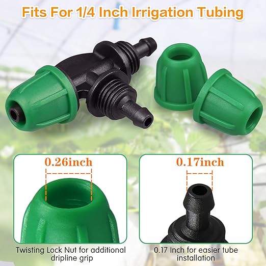 Upgraded 1/4" Drip Irrigation Fittings：50 Pieces Set-20 Couplings 15 Tees 10 Elbows 5 End Plugs, Leak Free Barbed Locked Nut Connectors for 1/4 Inch Irrigation Tubing
