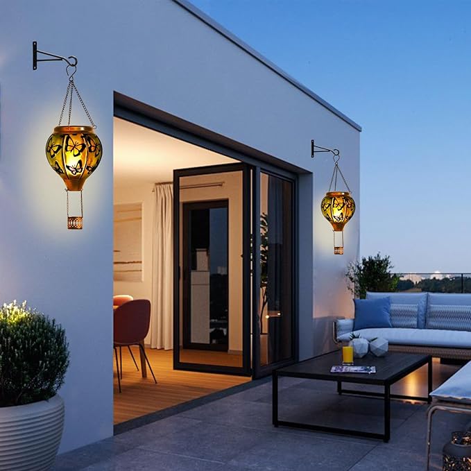 Butterfly Hot Air Balloon Solar Lantern, Solar Hot Air Balloon Flickering Flame Hanging Garden Light Candle LED Light Glass & Metal Waterproof Outdoor Lanterns Yard/Patio Decorative, Gift for Mom