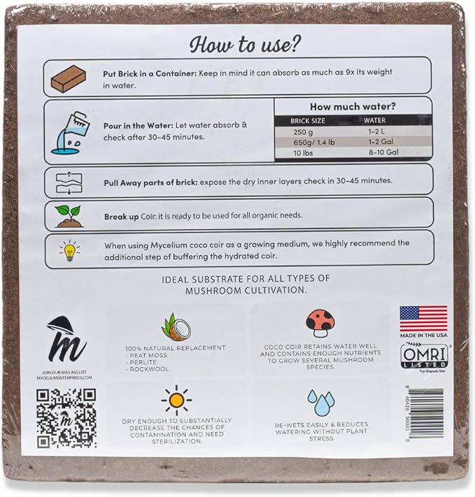 Mycelium Organic Coco Coir Brick 10lbs - Ideal for Mushroom Cultivation Mushroom Substrate - OMRI Certified, Expands with Water, Eco-Friendly Soil Alternative