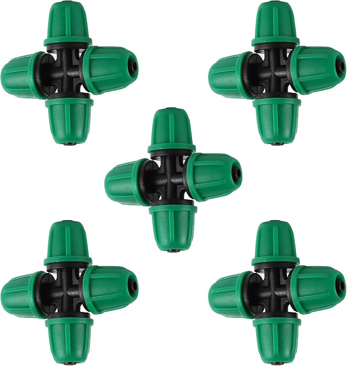 1/4 inch Drip Irrigation Fittings, Lock Barbed 4 Way Couplings for ¼ in. tubing; Tubing Outside Diameter (OD) is 0.250 in., Internal Diameter (ID) is 0.170. in.(20Pcs/Pack)(Green-4-Way)