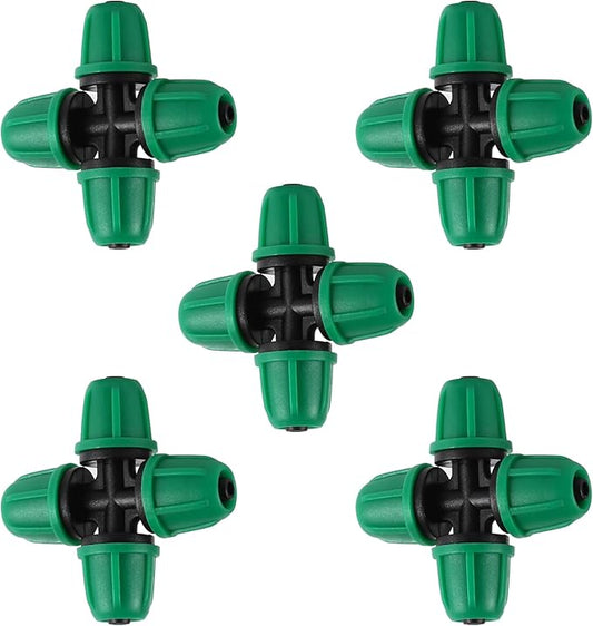 1/4 inch Drip Irrigation Fittings, Lock Barbed 4 Way Couplings for ¼ in. tubing; Tubing Outside Diameter (OD) is 0.250 in., Internal Diameter (ID) is 0.170. in.(20Pcs/Pack)(Green-4-Way)