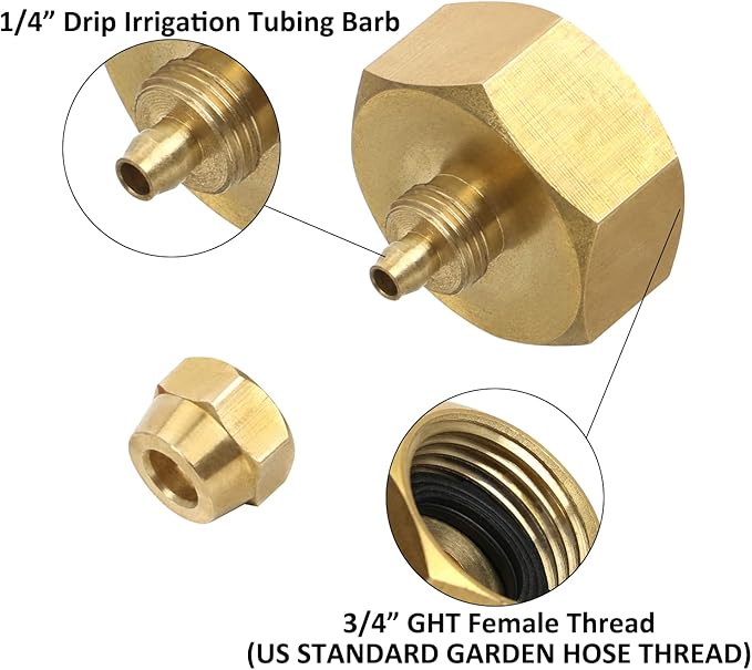 STYDDI 4 Pack 1/4 Inch Drip Irrigation Tubing To Faucet/Garden Hose Adapter, Solid Brass 3/4" FHT To 1/4" Drip Irrigation Tube Adapter, Convert Garden Hose Thread To 1/4" Drip Tubing Connectors