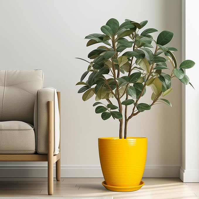 10 Inch Plant Pot - Ceramic Pot for Plants Outdoor Planter for Indoor Plants Large Plant Pot with Drainage Hole and Saucer Round Flower Pot for Home Patio Office Yellow