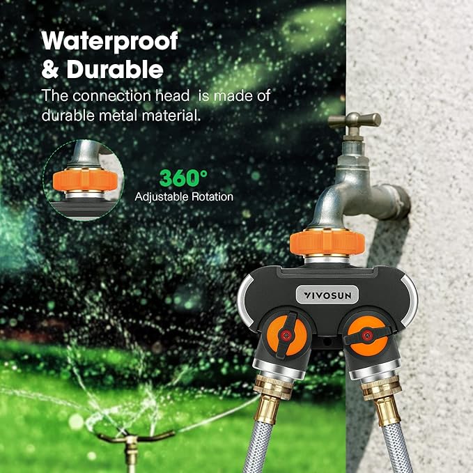 VIVOSUN Garden Hose Splitter 2 Way Heavy Duty, Upgraded Highly Durable Dual Water Hose Connector, Faucet Adapter with Comfortable Rubberized Grip for Drip Irrigation, Lawns