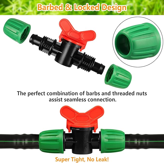 Drip Irrigation Fittings for 1/2 Inch Tubing, 24 Pcs Set 1/2" Drip Line Barbed Locked Nut Connectors - 5 Couplings, 4 Tees, 4 Reducing Tee, 4 End Cap, 3 Elbow, 2 Switch Valves, 2P 3/4" Faucet Adapters