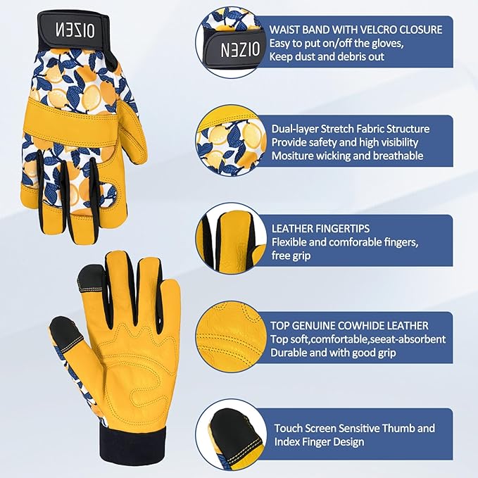 Cowhide Leather Thorn Proof & Puncture Resistant Gardening Gloves for Women and Men, Touchscreen Compatible Working Gloves for Weeding, Digging, Planting, Gardening Gifts for Women (Large)