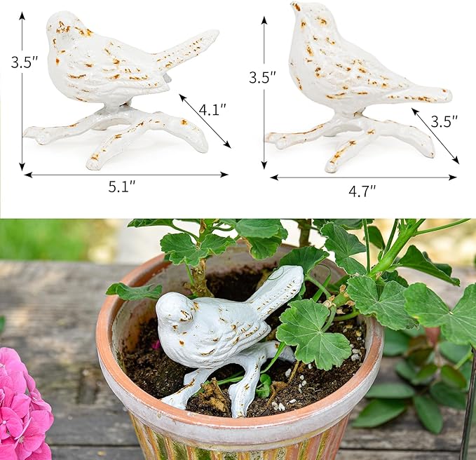 Sungmor Cast Iron Small Bird Statues, Set of 2 Antique White Bird with Branch Collectible Figurines, Farmhouse Home Garden Decorative Bird Sculpture, Realistic Indoor and Outdoor Ornaments