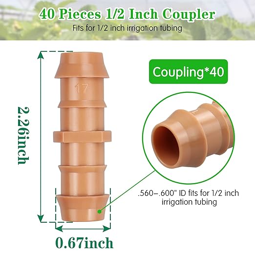 Drip Irrigation Barbed Coupling：40 Pack Drip Irrigation Coupler Parts Fits for 1/2 Inch Drip Irrigation Tubing 17mm 0.600" ID Coupling Connectors for Patio Lawn Garden