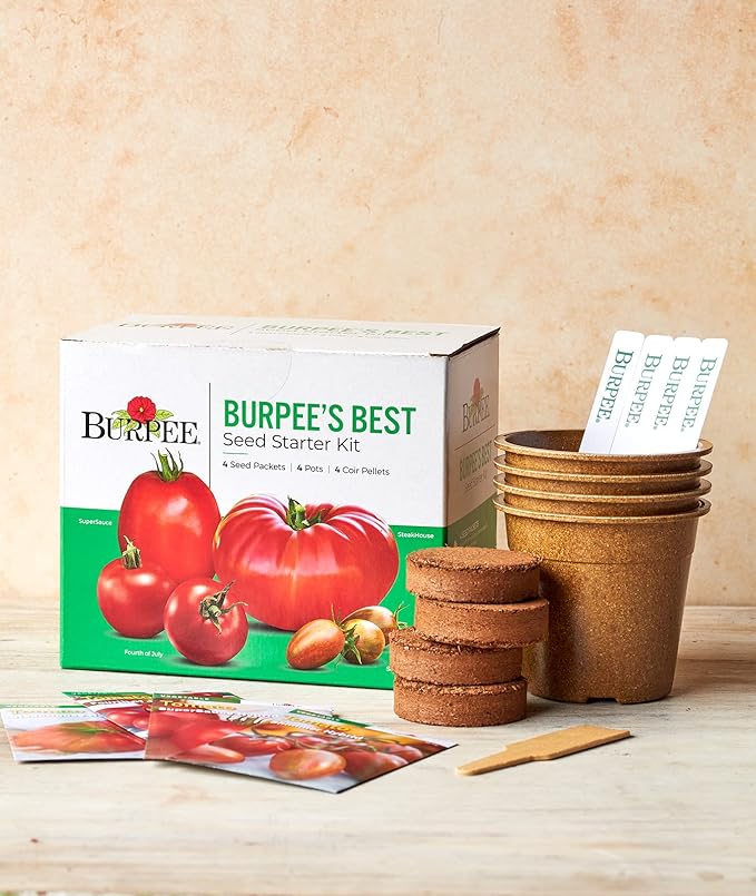 Burpee Best Starter Kit | SuperSauce, Fourth of July, Shimmer & Steakhouse | 4 Tomato Seed Packets, 4 Pots, 4 Coir Pellets & 4 Plant Markers