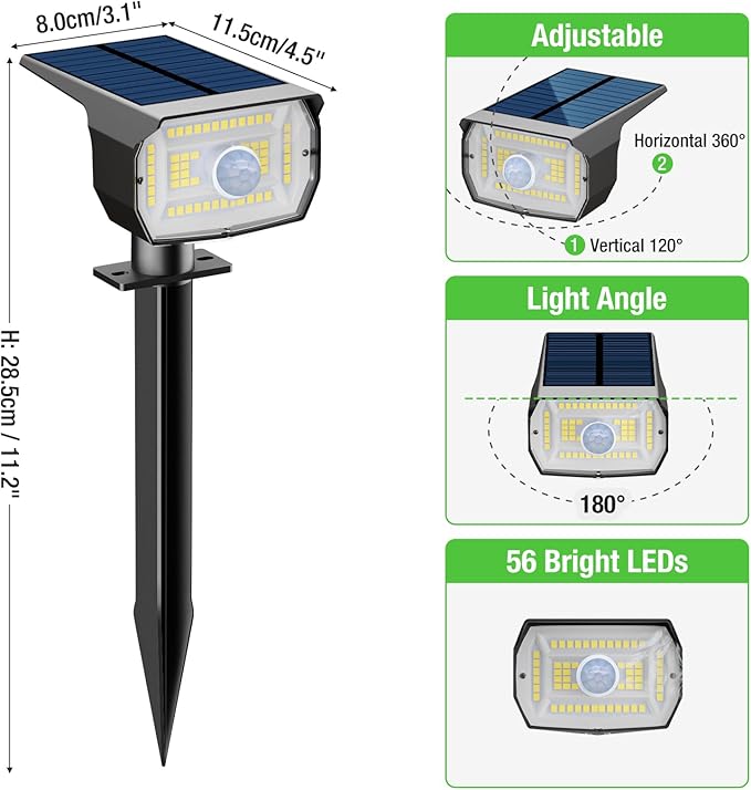 Solar Spot Lights Outdoor Motion Sensor with 3 Modes, [ 12 Pack/56 LED ] 2-in-1 Auto On/Off Solar Landscape Lighting for Outside Yard Wall Garden Path, Cool White