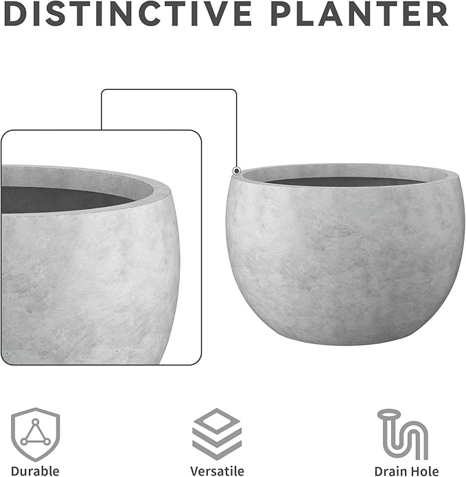 Kante 15.7" Dia Round Concrete Planter, Outdoor/Indoor Large Bowl Plant Pots with Drainage Hole and Rubber Plug for Garden Patio Balcony Home, Natural Concrete
