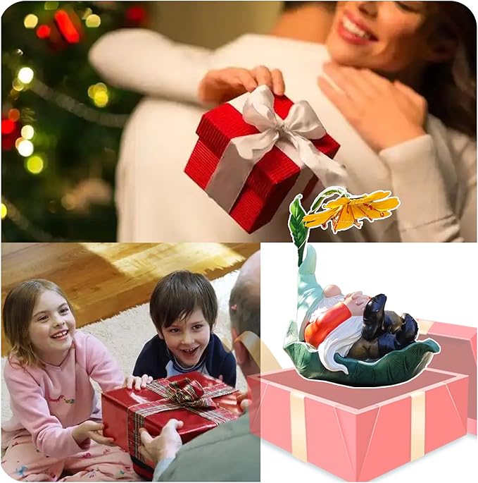 Solar Powered Gnome Garden Statue - Resin Gnome on Green Leaf with Large Yellow Stamen Sunshade, LED Lights Decorations, for Women Men, Outdoor Decor Ornaments for Outside