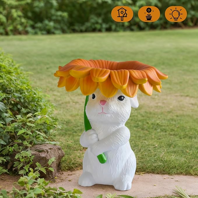 Solar Garden Decor Bunny Garden Statue Easter Decorations Outdoor Resin Sunflower Rabbit Statue with Bird Feeder Patio Decor Bunny Figurines with Lights Yard Decorations Easter Gifts for Women