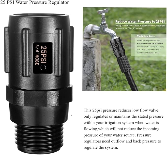 1 Pcs 25 PSI Pressure Regulator 3/4" FHT × 3/4" MHT Pressure Reducer Low Flow Valve,1 Pcs 3/4" to 1/2" Drip Irrigation Faucet Hose Adapter for Drip Irrigation System