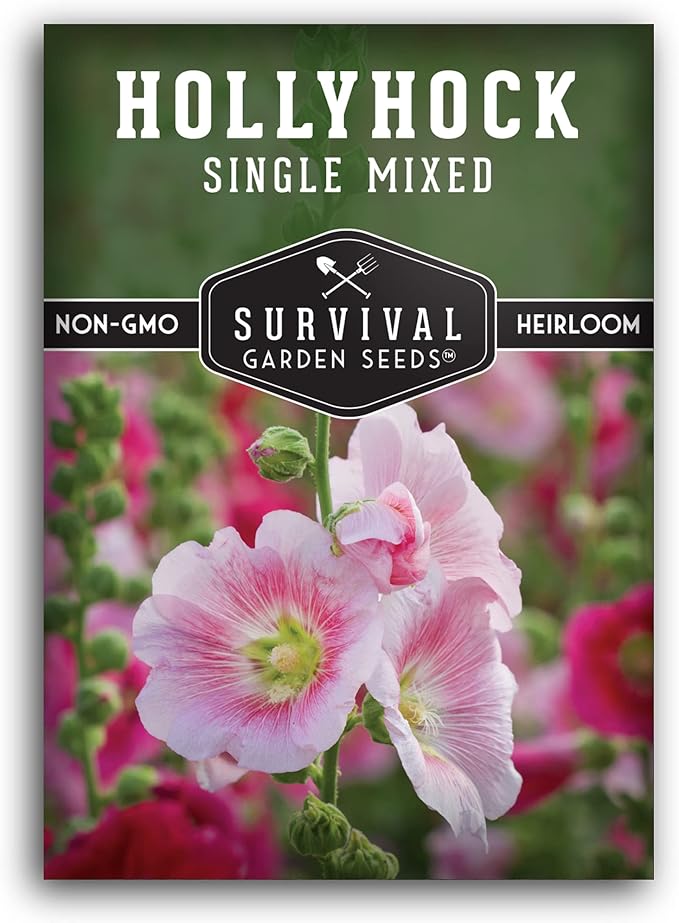 Survival Garden Seeds - Single Mixed Hollyhock Seed for Planting - Packet with Instructions to Plant and Grow Colorful Spikes of Flowers in Your Home Vegetable Garden - Non-GMO Heirloom Variety