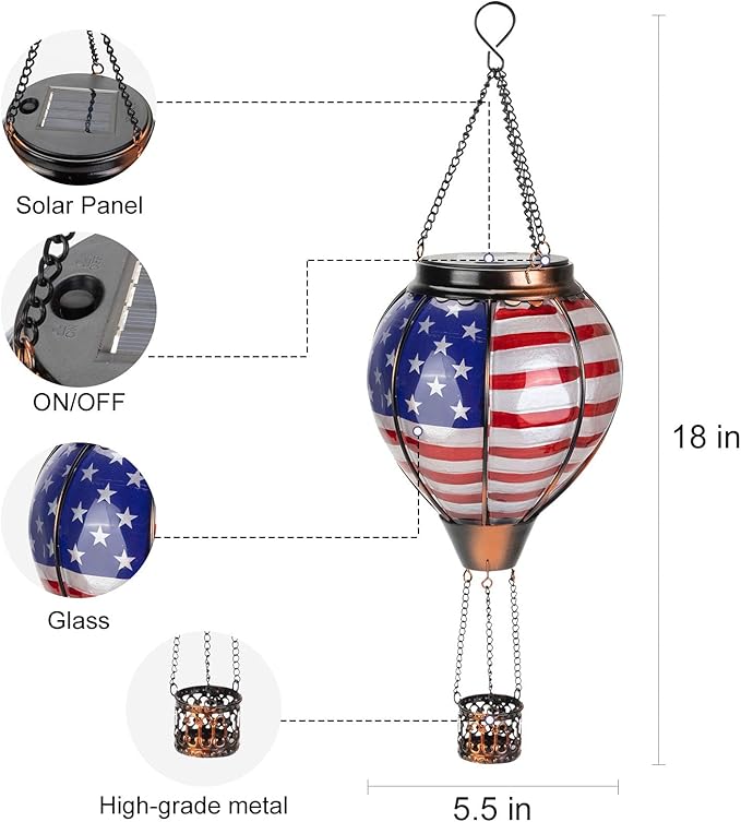 pearlstar Hot Air Balloon Solar Lantern with Flickering Flame Light Outdoor 4th of July Decorations Solar Hanging Lights Waterproof for Garden Yard Patio Outside Independence Day Decoration, Flag