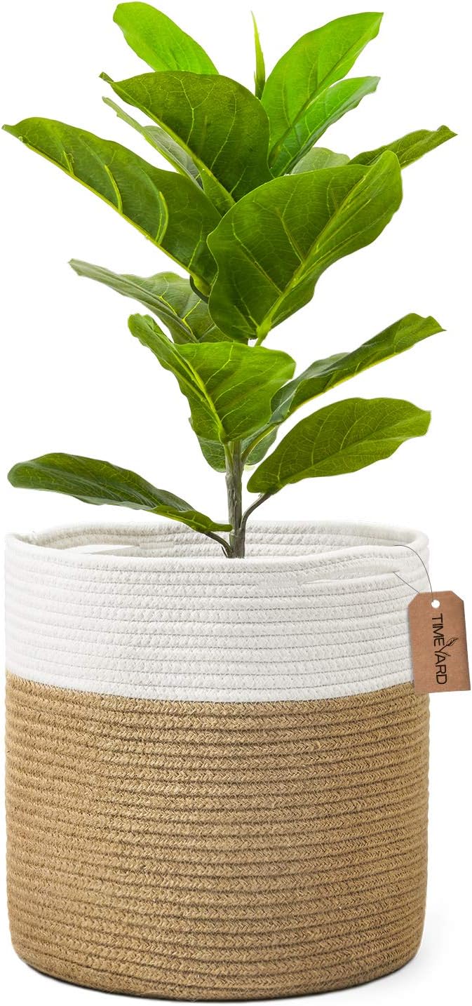 TIMEYARD Jute Rope Plant Basket Large Modern Woven Basket for 11'' Flower Pot Floor Indoor Planters, 12.5''x12.5'' Storage Basket Rustic Home Decor White and Jute