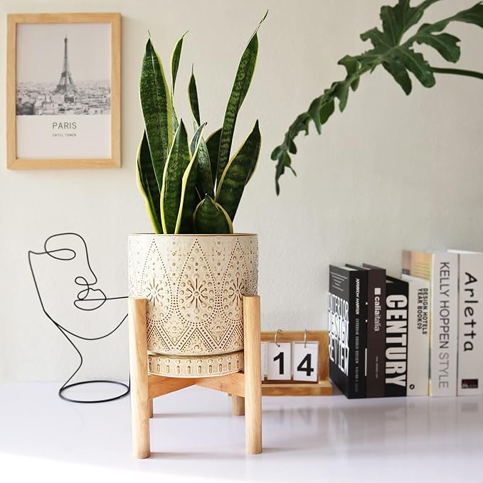 8 Inch Plant Pot with Stand, Ceramic Planter with Drainage Holes, Saucers and Mesh Pads for Indoor-Outdoor Plants