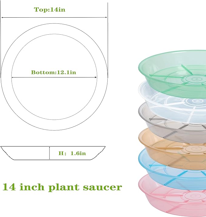6 Pack Plant Saucer Drip Tray 14 inch, Large Plastic Plant Trays, Heavy Sturdy Plastic Planter Flower Pot Saucers for Indoor Outdoor Garden, Plant Water Drip Trays for pots (14", Grey)