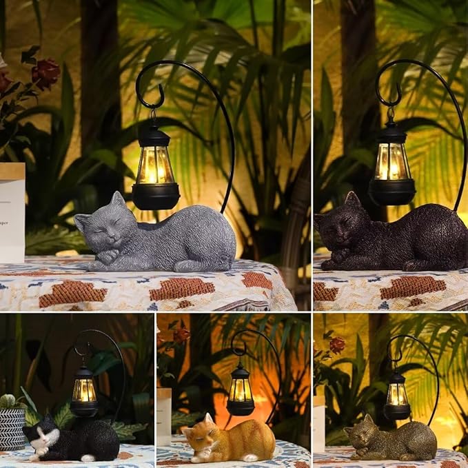 Solar Cat Outdoor Statues for Garden: Resin Cat Outside Decor with Solar Lantern Clearance for Yard Art, Cat Figurine Lawn Ornaments Porch Patio Balcony Home House - Birthday Gifts for Grandma Mom