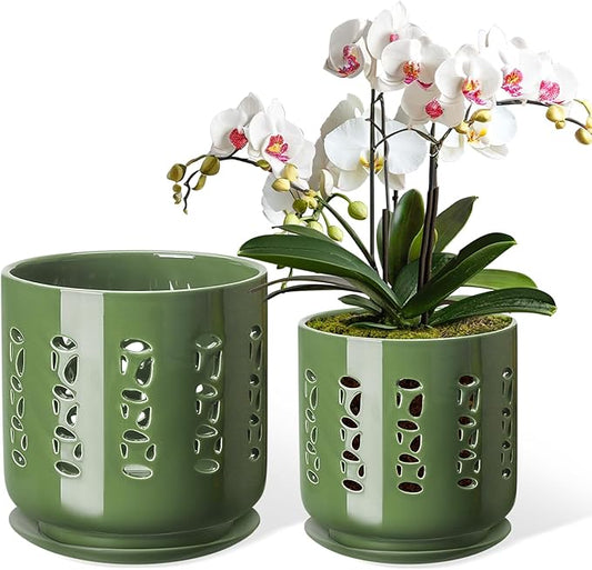 Ceramic Orchid Pots with Holes, 5 Inch+6 Inch Orchid Planter with Drainage Holes and Tray, Indoor Flower Pot for Repotting Orchids, Elegant Patina Glaze
