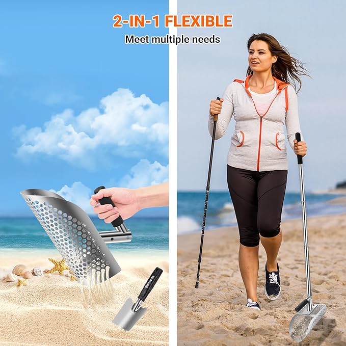 Long Handle Sand Scoop with Shovel for Metal Detecting, Metal Detector at Beach,Heavy Duty Stainless Steel Metal Detecting Tool,Treasure Finds Scoop, Digging Shovel Fast Sifting Shovel
