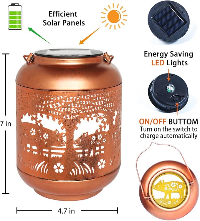 2 Pack Pig Solar Lanterns Outdoor Waterproof Hanging Solar Lights Pig Gifts for Women Men Mom Metal Decorative LED Outdoor Lanterns for Patio, Lawn, Landscape, Garden Decor, Yard Decorations