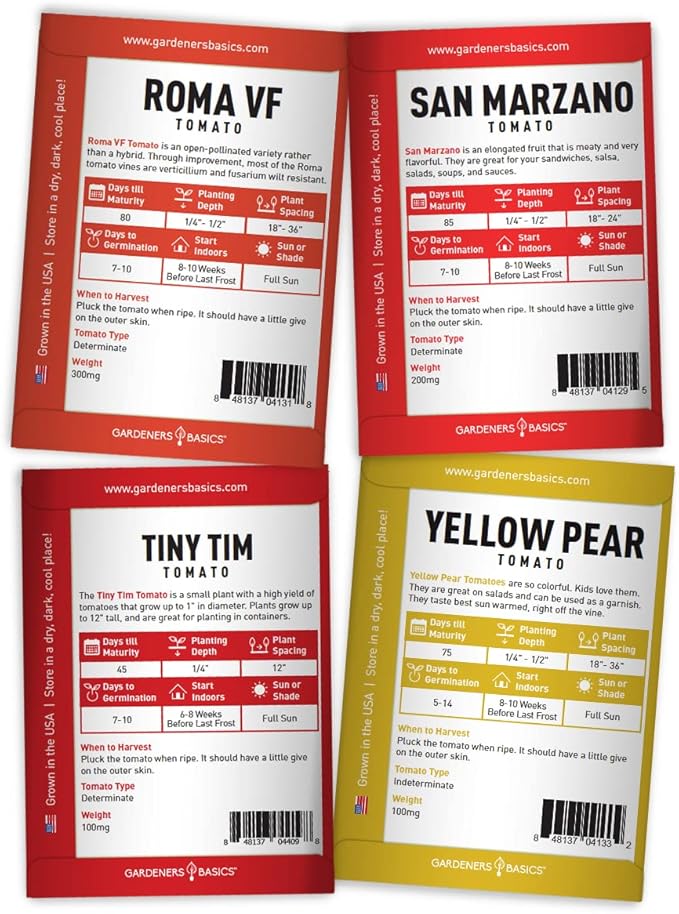 Gardeners Basics, Tomato Seeds for Planting 16 Variety Pack Heirloom Tomato Seeds, Tiny Tim, Cherry Tomato Seeds, Beefsteak Seeds, Roma Tomato Seeds, Determinate and Indeterminate and More, Non GMO