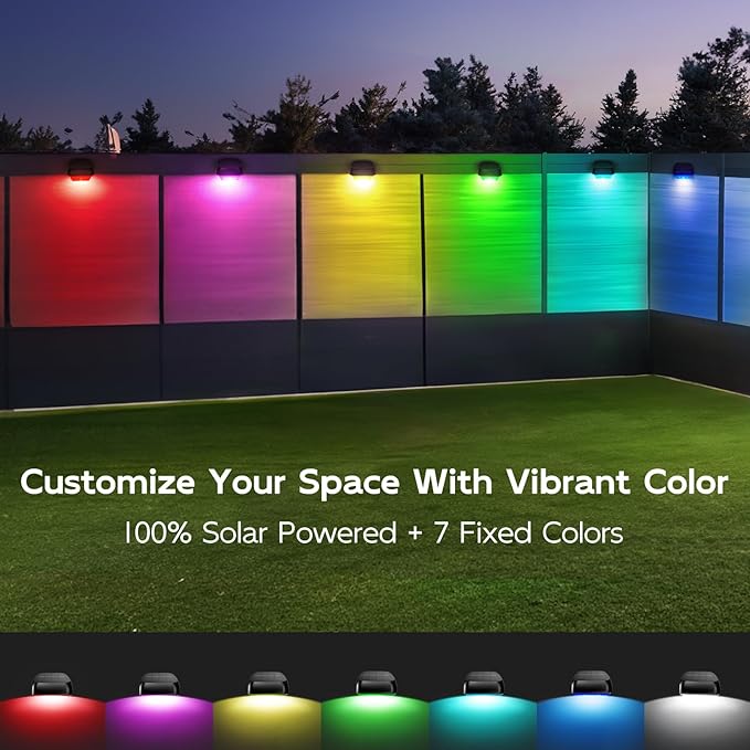 Solar Step Lights Outdoor Waterproof, 4 Pack RGB & 7 RGB Outdoor Solar Lights for Fence with 2 Lighting Modes, Solar Powered Deck Lights for Step Stairs Garden Yard