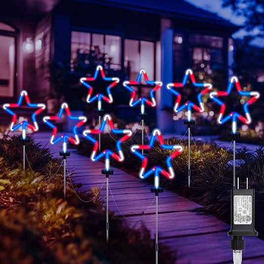 Brightown Red White and Blue Lights, 4th of July Decorations Outdoor, 8 Large Neon Star Pathway Lights Plug in, Patriotic Decorations Fourth of July Decor for Independence Day Garden Yard Outside