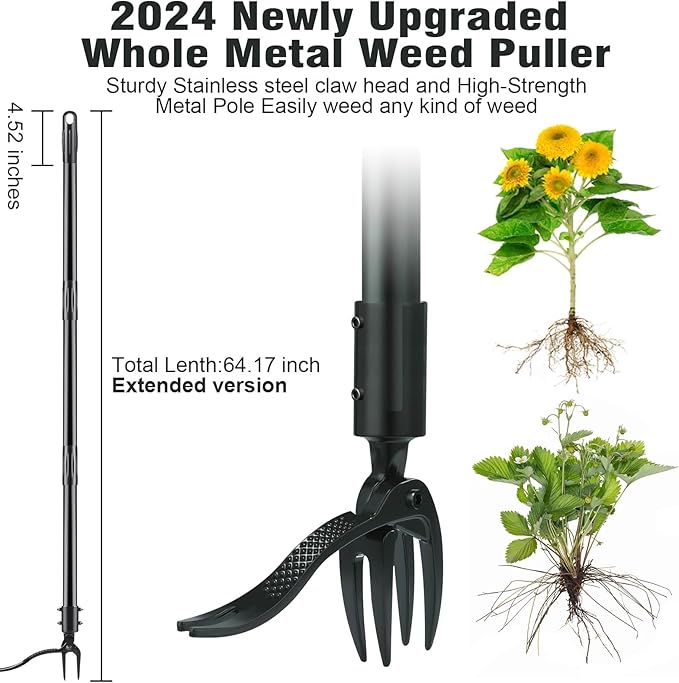 Weed Puller Tool, Stand up Weeder Puller, [Heavy Duty] 63 Inch Long Handle Garden Weeding Tool with 4 Claws, Hand Weed Hound Weed Puller for Garden & Lawn Care