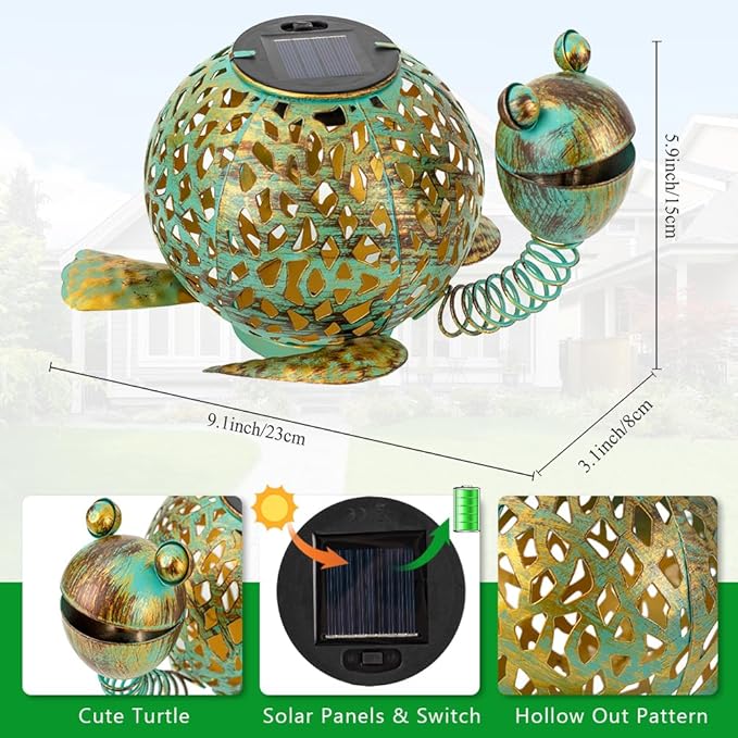 2 Pack Turtle Solar Lanterns Outdoor Waterproof, Metal Table Tortoise Solar Lantern with LED Light for Patio Pathway Garden Decor