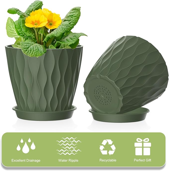 6 Pack 4 Inch Small Plant Pots with Saucers, 3D Textured Plastic Planters with Drainage Holes for Indoor and Outdoor Plants, Flowers, Herbs, Succulents, and Seedlings, Colorful