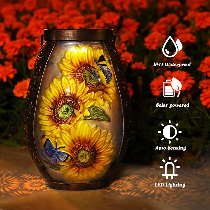 MUMTOP Solar Lanterns Outdoor Waterproof Sunflower Solar Powered LED Lights Hanging Solar Lantern Metal Decorative for Patio Table Garden Outside Yard Backyard
