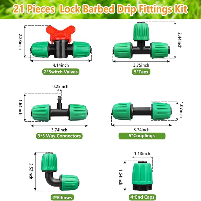 Drip Irrigation Fittings for 1/2 Inch Tubing(0.6-0.63" OD), 21 Pcs Set 1/2" Drip Line Parts Barbed Locked Nut Connectors - 5 Couplings, 5 Tees, 4 End Cap, 3 Reducing Tees, 2 Switch Valves, 2 Elbows