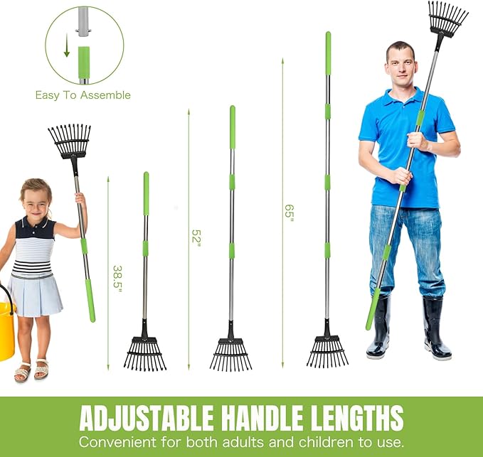 Joyhalo Small Rake for Leaves, 8.5 Inch Wide Rake Head Leaf Rake with 11 Tines, Metal Garden Rake with Adjustable Handle from 38.5 to 65 Inch for Gardening, Clippings, Gathering Leaves, Weeds, Debris