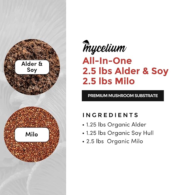 Mycelium Gourmet Mushroom All-in-One Bag - Premium Organic 5LB Blend of Alder & Soy Hull Substrate with Sterilized Milo Grain - Perfect for Variety of Wood-Loving Mushrooms - Home Growing Made Easy