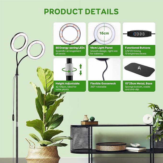 2 Head Grow Light for Indoor Plants,Full Spectrum LED Halo Plant Lights with Stand, Floor Standing Growing Lamp with Adjustable Height,Auto Timer,Dimmable Brightness for Tall Large Plant